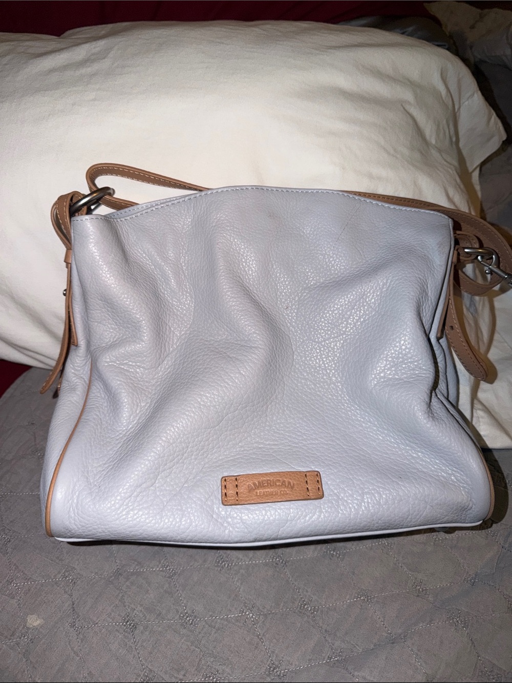 American Leather Shoulder Bag in Light Gray with Tan Trim